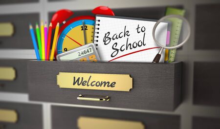 3D Illustration, Welcome back to school. Open wooden drawer with school supplies.の写真素材