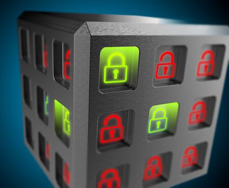 3D rendering, Green lock locked safe, red padlock unlocked risk of lost for digital data. Security of information systems background.の写真素材