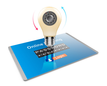 3D Illustration, Tablet PC and bulb icon with combination lock. Security of processing large volumes of data technology conceptの写真素材