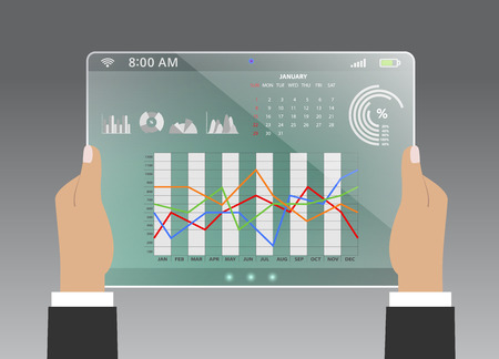 Analysis of financial data in charts, accounting, business report, taxes, banking, statistics, vision for the future on modern computer tablet.のイラスト素材