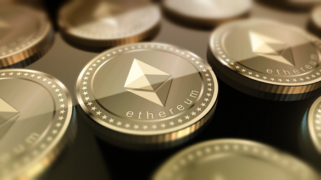 Glossy Ethereum in blurred closeup. Crypto-currency finance and banking as concept.