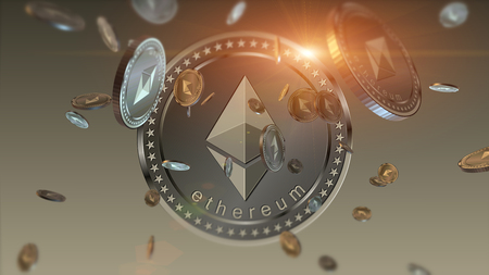 Virtual cryptocurrency Ethereum falling coins close up on blurred background. Finance and banking concept.の写真素材