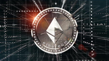 Cryptocurrency Ethereum in blurred virtual network.