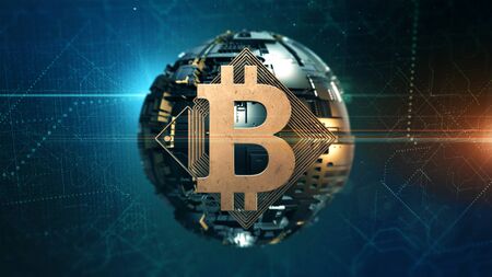 Bitcoin digital cryptocurrency financial symbol with blockchain network globe
