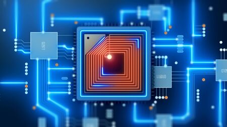 CPU processing. Data transfer integrated microchip. Digital network and computing.