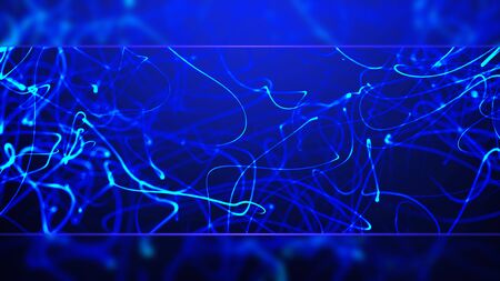 Glowing curves rippling on blue abstract frame background.