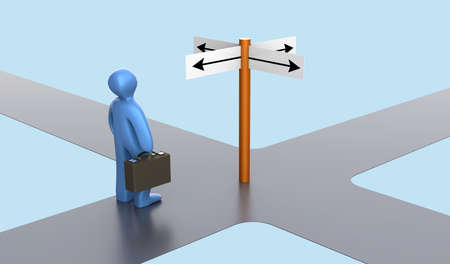 Signpost at a crossroads with a figure of a businessman 3D background