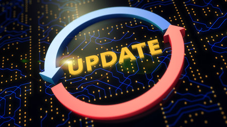 Update computer system process with blurred circuit board. 3D symbol two rotating arrows.の写真素材