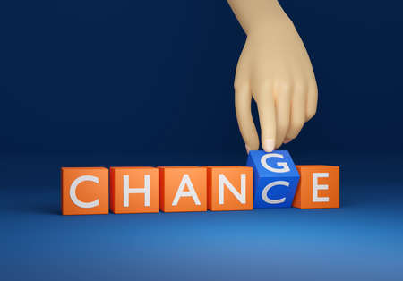 Cube block hand flipping for change to chance wording as 3D metaphor conceptの写真素材