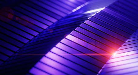 Futuristic shiny metallic abstract tech background with zigzag lines shapes. Striped angled lines decoration modern design with lens flare as wallpaper.の写真素材