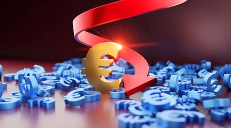 Economic crisis, recession or inflation Euro symbol with downward development arrow. 3D financial metaphor background conceptの写真素材