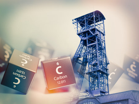 Coal mine tower and carbon as chemical element, carbon compounds basis of fossil fuels. Collage...