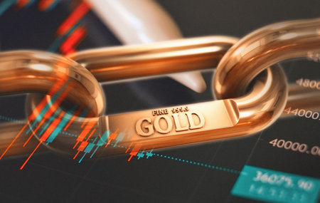 Golden chain with stock market chart growth. Economy and finance value, investment and gold commodity market 3D background.の写真素材