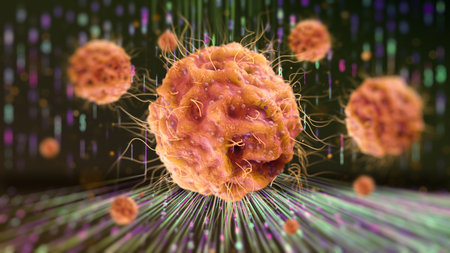Influenza virus, viral respiratory disease infection, microscopic view of 3D flu bacteria with blurred background depthの写真素材