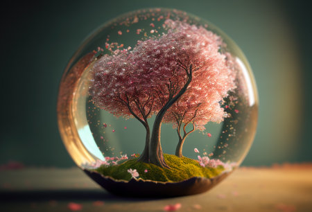 Spring blooming cherry sakura in glass jar with depth of field. Romantic abstract still life. Generative Ai design.の写真素材