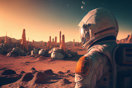 Astronaut on Mars returning to space research base background AI Generatedの素材