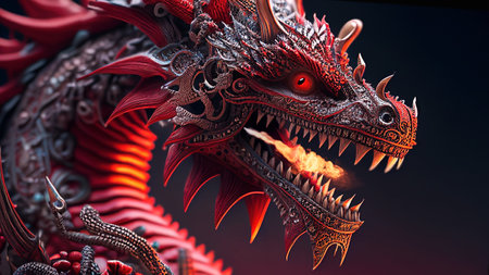 Japanese Red Dragon: Mythical, Dragon Breathes Fire, Oriental Folklore, Eastern Mythology, Traditional Japanese Background, 3D Wallpaper AI Generatedの素材