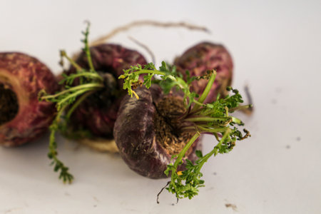 Apple. Peruvian root for vitality, energy and healty. Red Peruvian Maca on white background.の写真素材