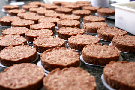 many raw hamburgers outside the restaurant. Starting the preparation of hamburgersの写真素材
