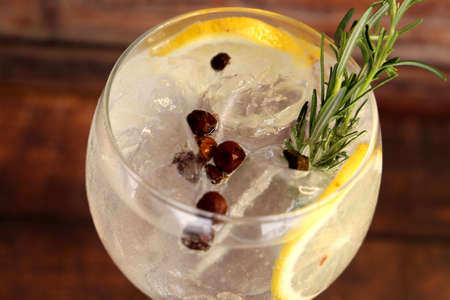 gin and tonic with Sicilian lemon slices and juniper seeds.の写真素材