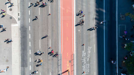 Aerial view of Av. Paulista in SÃ£o Paulo, SP. Main avenue of the capital. Sunday day, without cars, with people walking on the street. Top viewの写真素材