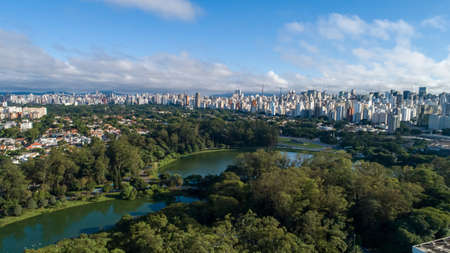Aerial view of Ibirapuera Park in SÃ£o Paulo, SP. Residential buildings around. Lake in Ibirapuera Park.の写真素材