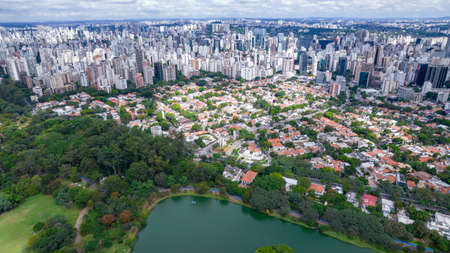 Aerial view of Ibirapuera Park in SÃ£o Paulo, SP. Residential buildings around. Lake in Ibirapuera Park.の写真素材