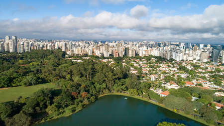 Aerial view of Ibirapuera Park in SÃ£o Paulo, SP. Residential buildings around. Lake in Ibirapuera Park.の写真素材