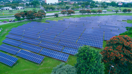Aerial view of solar panels in Sao Jose dos Campos, Brazil. Many renewable energy panels.