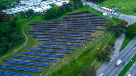 Aerial view of solar panels in Sao Jose dos Campos, Brazil. Many renewable energy panels.