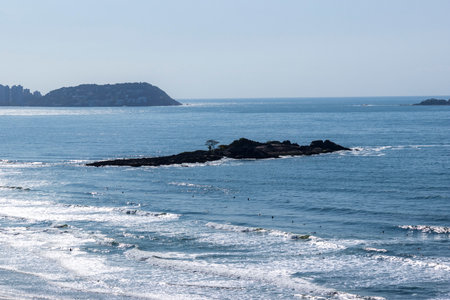 Aerial view of Praia da Pitangueiras beach in Guaruja, Sao Paulo..