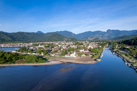 Explore the scenic beauty of Paraty, a stunning coastal town in Rio de Janeiro with picturesque waterways and lush mountains.の写真素材