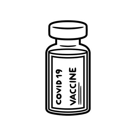 Vector illustration of a transparent vaccine container for the Covid 19 virus, in black and white color and black border line.のイラスト素材