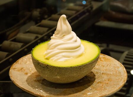 vanilla ice cream with sweet melonの写真素材