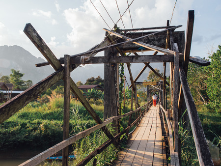 wooden bridge in Laosの写真素材