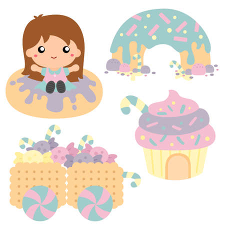 Sweets in Candyland Vector with cute Kids Setのイラスト素材
