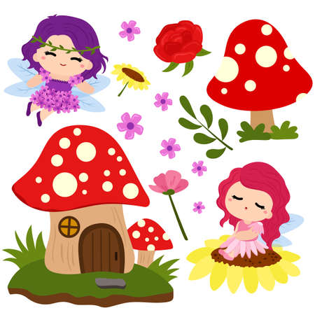 Flower Fairy with Mushroom House Clipart Setのイラスト素材