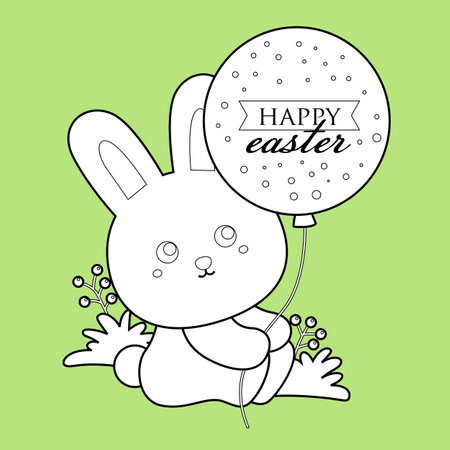 Rabbit Bunny and Decorated Egg Happy Easter Digital Stamp Outlineのイラスト素材