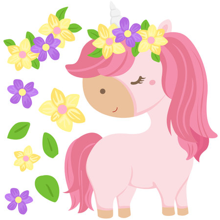 Cute Colorful Unicorn Horse Cartoon Illustration Vector Clipart Stickerのイラスト素材