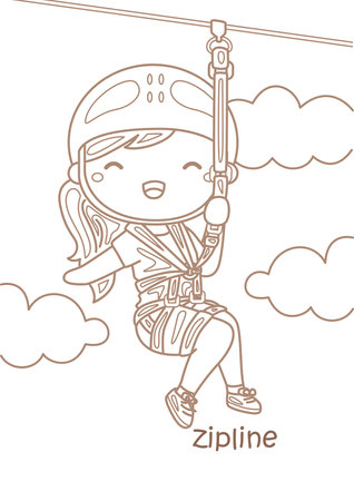 Alphabet Z For Zipline Vocabulary School Lesson Cartoon Coloring Activity for Kids and Adultのイラスト素材