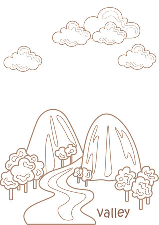 Alphabet V For Valley Vocabulary School Lesson Cartoon Coloring Activity for Kids and Adultのイラスト素材