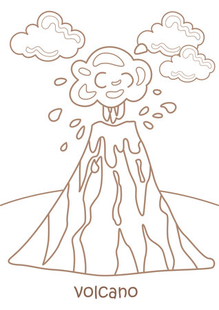 Alphabet V For Volcano Vocabulary School Lesson Cartoon Coloring Activity for Kids and Adultのイラスト素材
