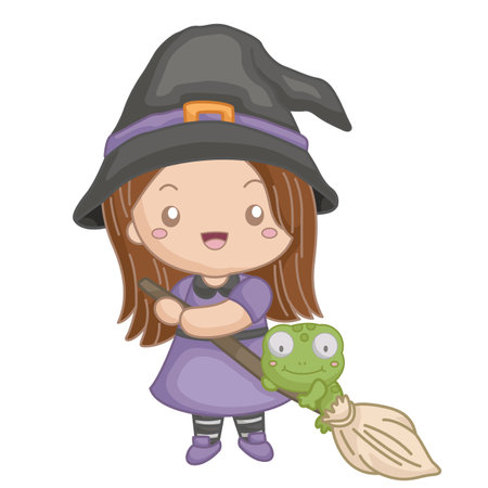 Cute Witch Girl Halloween Costume Cartoon Illustration Vector Clipart Stickerのイラスト素材