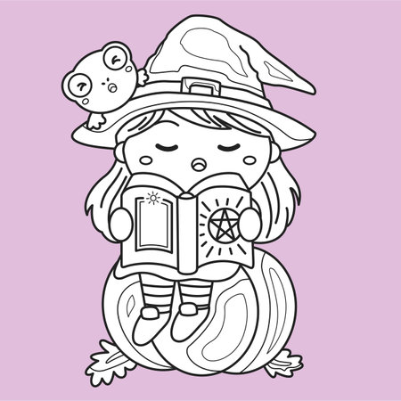 Cute Witch Girl Halloween Costume Cartoon Digital Stamp Outlineのイラスト素材