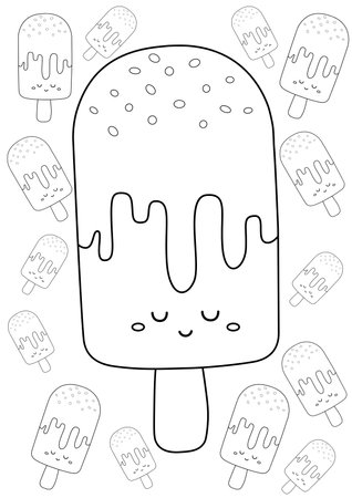 Cute Ice Cream Desert Flavor Cartoon Coloring Pages for Kids and Adult Activityのイラスト素材