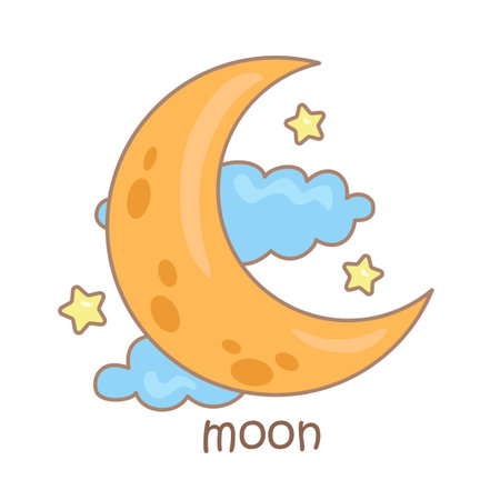 Alphabet M For Moon Vocabulary School Lesson Cartoon Illustration Vector Clipart Stickerのイラスト素材