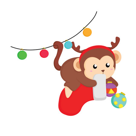 Colorful Christmas Monkey Animal Winter Holiday Cartoon Illustration Vector Clipart Stickerのイラスト素材