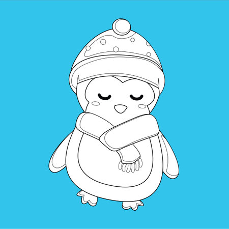 Christmas Animal Penguin Holiday Winter Season Cartoon Digital Stamp Outlineのイラスト素材