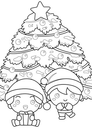 Christmas Kids Celebrate Christmas Feast Holiday Cartoon Coloring Activity for Kids and Adultのイラスト素材