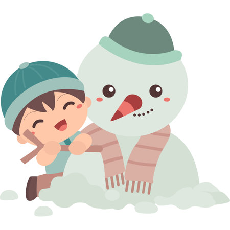 Happy Boy Making Snowman in Christmas Holiday Cartoon Illustration Vector Clipart Stickerのイラスト素材